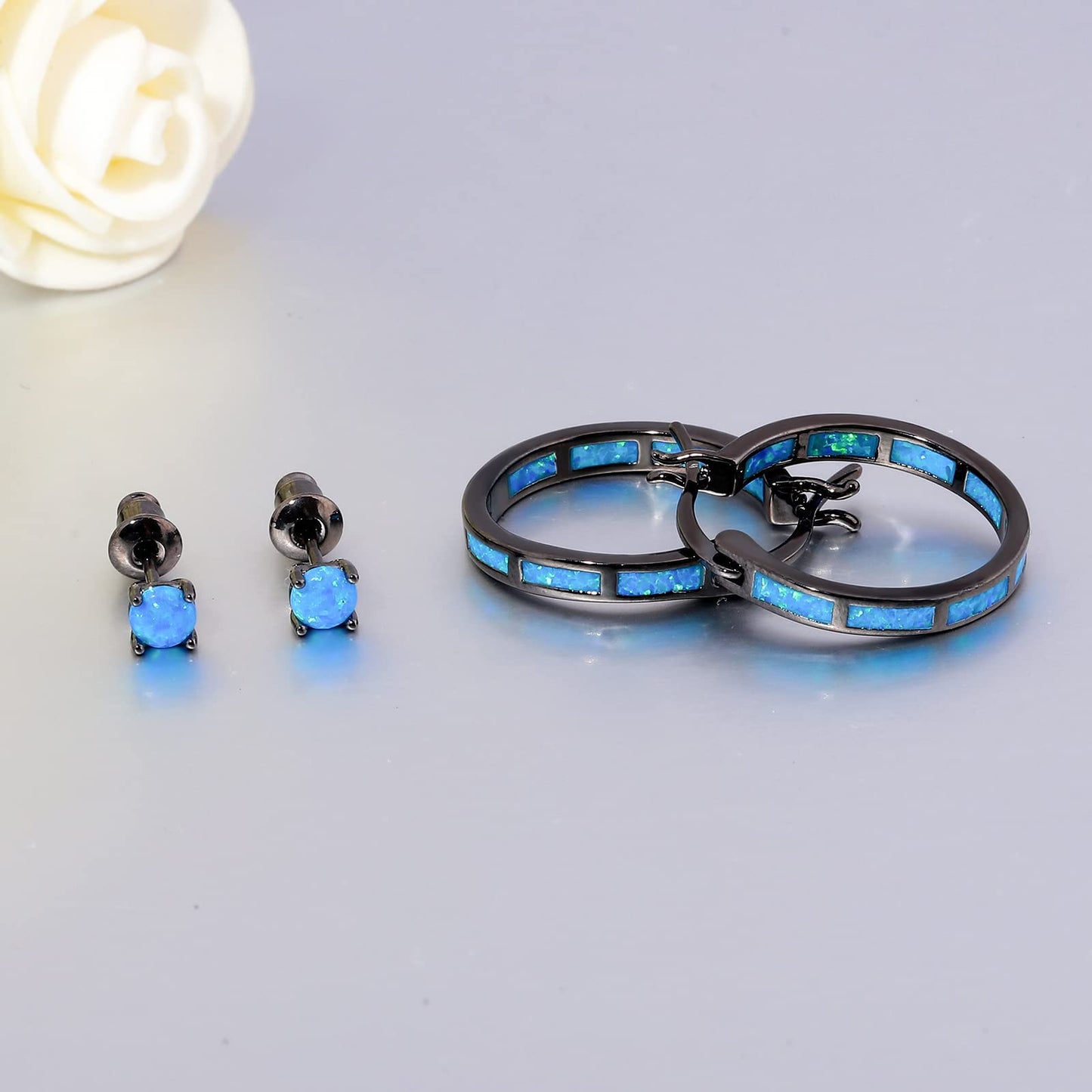 CiNily 2 Pairs Stud Hoop Earring Set,Dark Blue Opal Hoop Earring 14K Black Gold Plated Hypoallergenic Small Stud Earrings for Women Men Jewelr