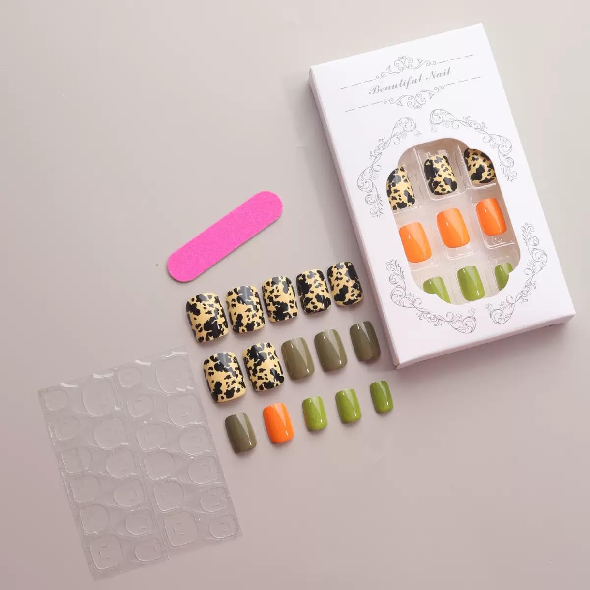 Square Press on Nails Short - Fall Fake Nails with Black Pattern Design - Green Full Cover Stick on False Nails for Women Manicure 24 Pcs