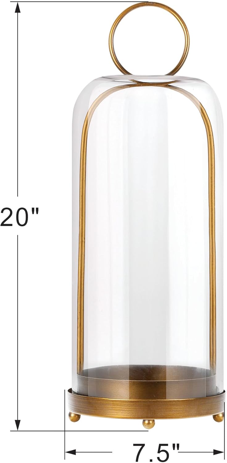 20" High Versatile Modern Metal Hurricane Lantern with Handmade Sturdy Glass Dome for Pillar Candle & Plants (Brass, 7.5"x20")