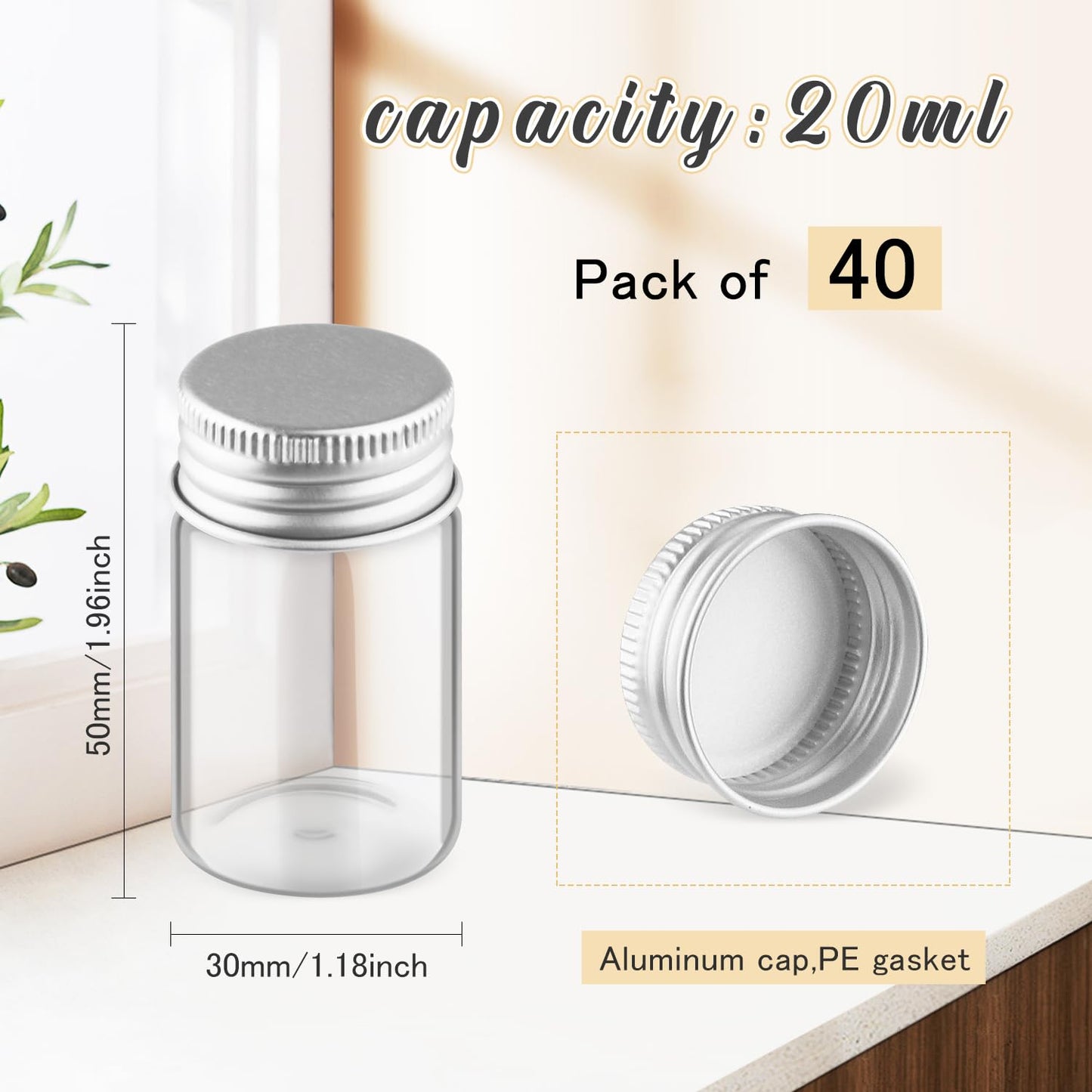 Wresty 40 Pack 20ml/0.68oz Glass Vials With Aluminum Screw Caps Empty Sample Bottles Container Small Glass Jars For DIY Cosmetics Art Craft Decor Jewelry Storage 30mmx50mm