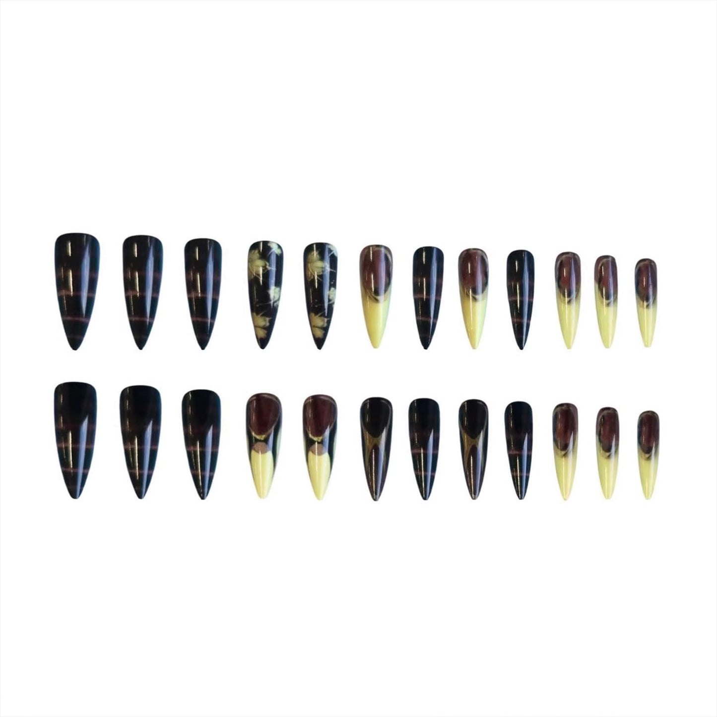 SINHOT Stiletto Press on Nails - Long Fake Nails, Glossy Finish, Brown Yellow French Tip & Gold Chrome, Reusable Artificial False Nail Art - 24 Pcs Nail Kit with Glue