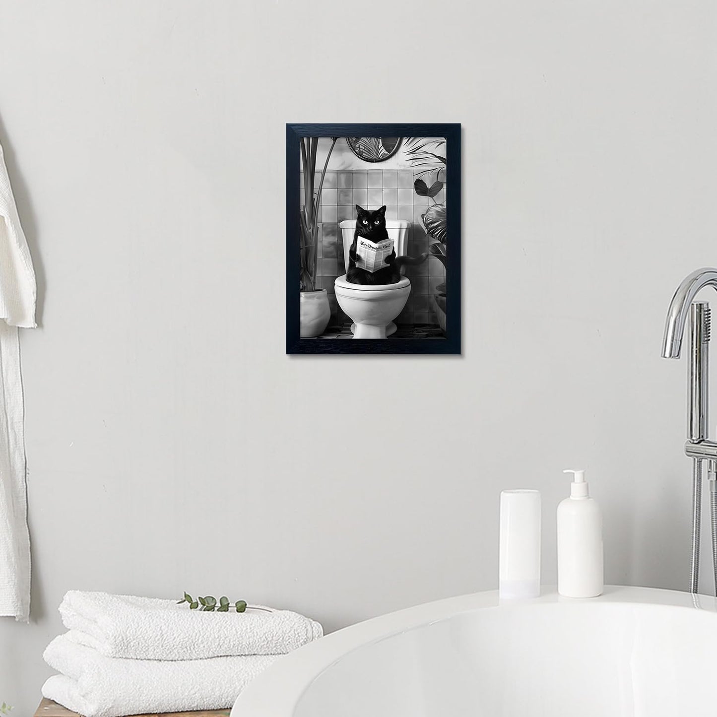Black and White Bathroom Wall Decor Funny Black Cat Sitting on Toilet Reading Newspaper Humorous Bathroom Wall Art Small Framed Animal Canvas Print Artwork