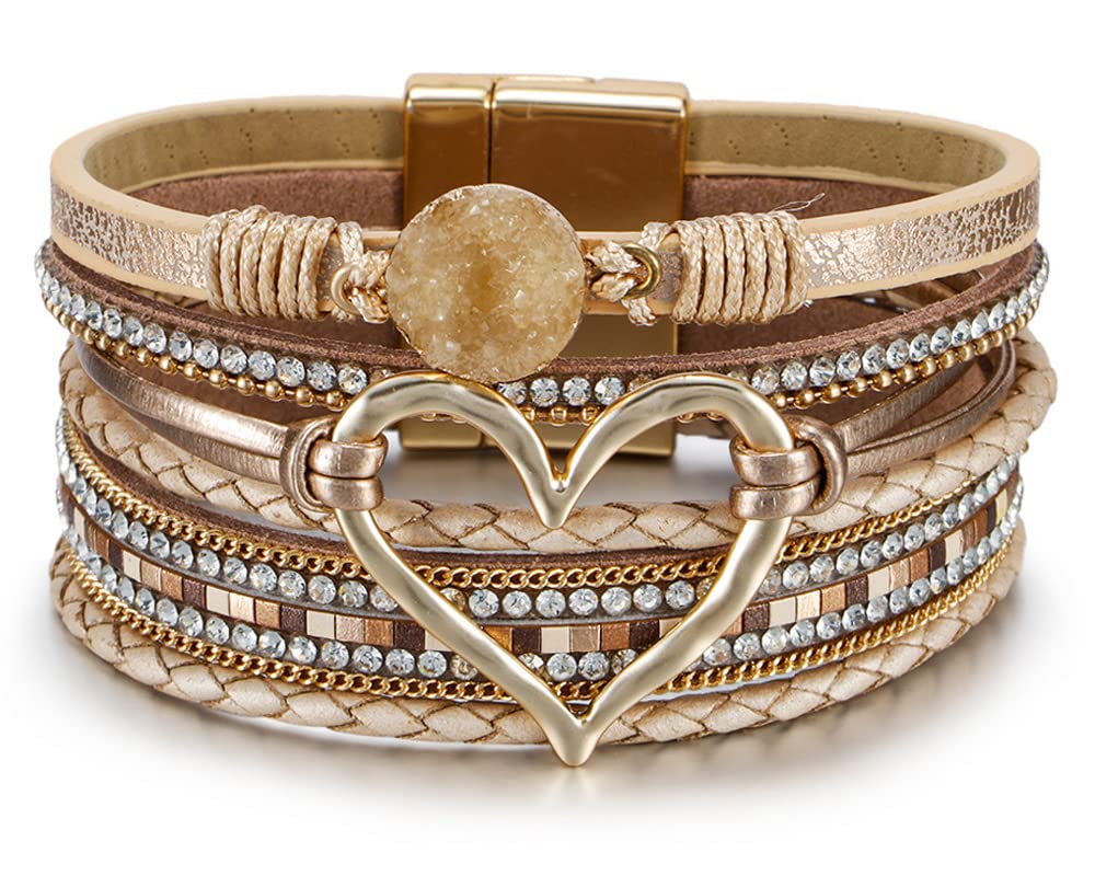 Leopard Bracelet for Women, Boho Leather Wrap Multi-Layer Pearl Crystal Bracelet Bangle Jewelry (Heart Leather1)