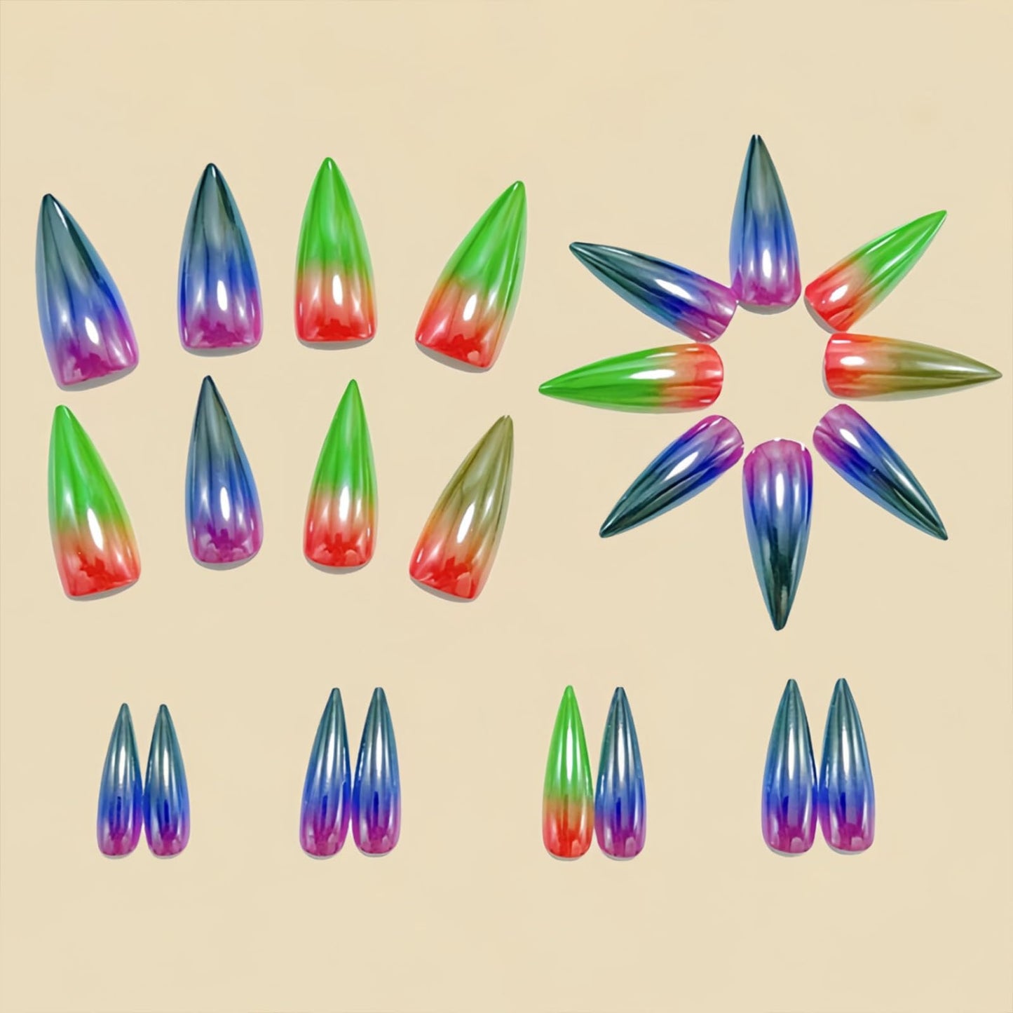 SINHOT Stiletto Press on Nails - Long Fake Nails, Glossy Finish, Colorful Chrome & Metallic, DIY Artificial False Nail Art - 24 Pcs Nail Kit with Glue