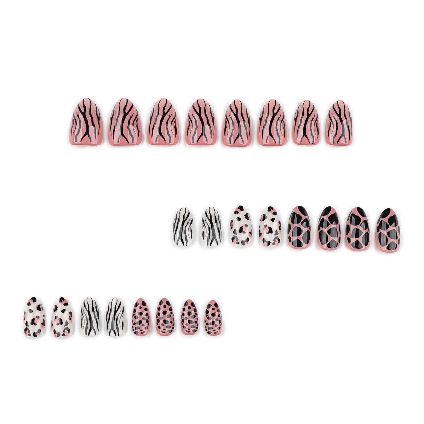 IMSOHOT Press on Nails Medium Almond Fake Nails Glossy Brown Acrylic Fake Nails with Leopard Print, Zebra Stripes Designs Stick on Fingernails Full Cover Gel Glue on Nail for Women 24Pcs