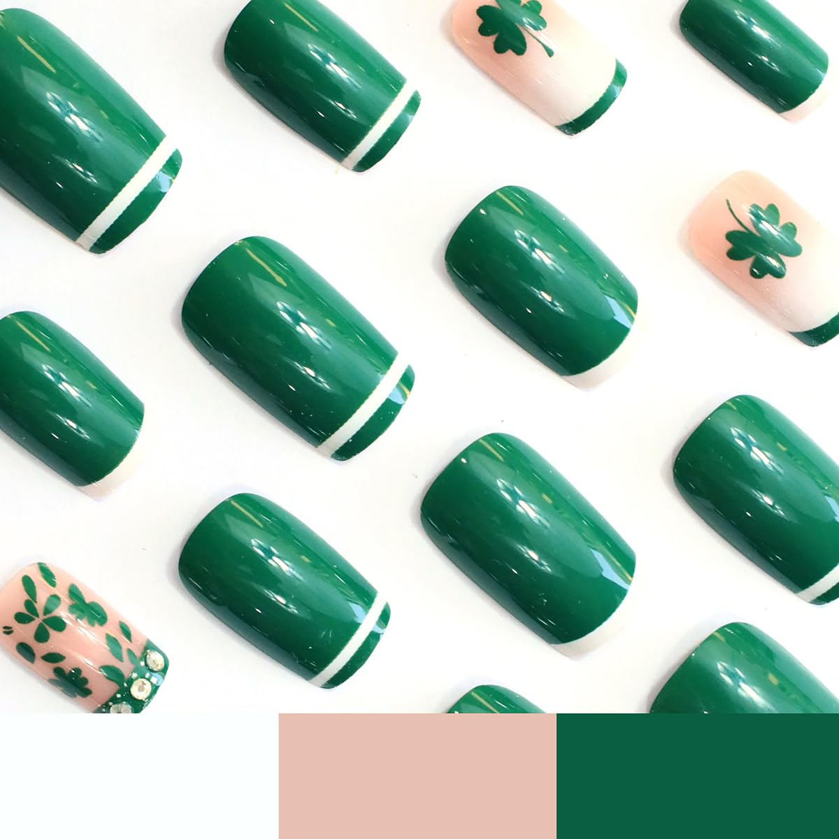 24Pcs St. Patrick's Day Press on Nails Short Square QUNQINLI Green Fake Nails with Four-Leaf Clover Rhinestones Designs White Nails Press ons Glossy Full Cover French Glue on Nails for Women