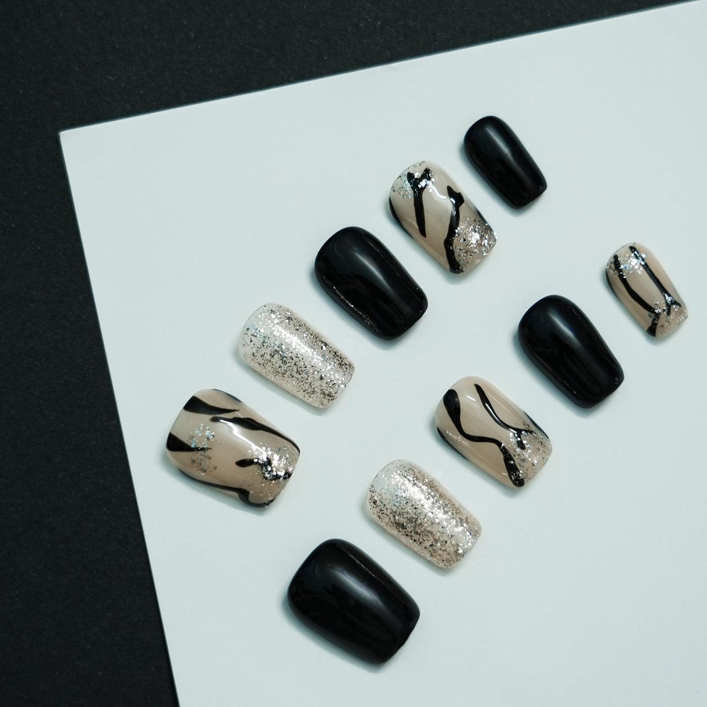 Tesytto Press on Nails Short Coffin, Handmade Black White 3D Glossy Acrylic Fake Nails Zebra Print with Silver Glitter Effects for Women Nails Art (Zebra Stripe,L)