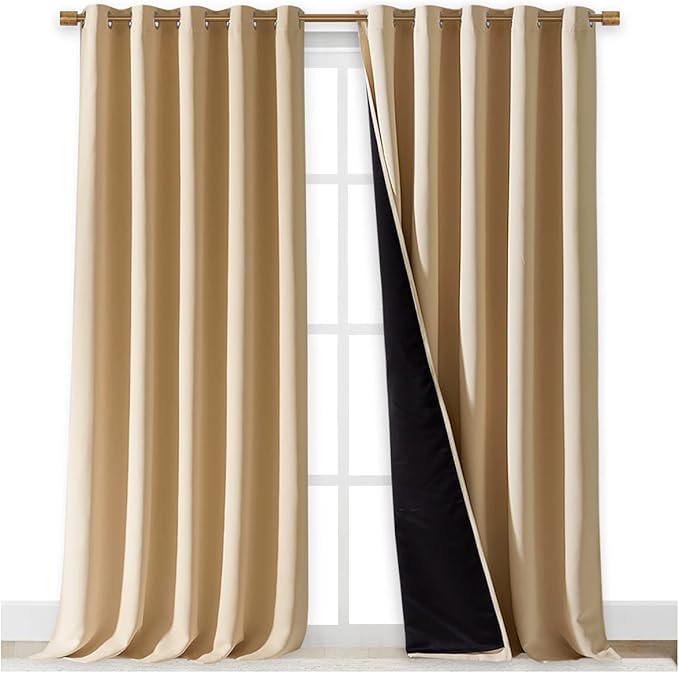 NICETOWN Thermal Insulated 100% Blackout Curtains, Cold Noise Reducing Performance Drapes with Black Lining, Full Light Blocking Panels for Patio (Biscotti Beige, 1 Pair, 70 inches x 95 inches)