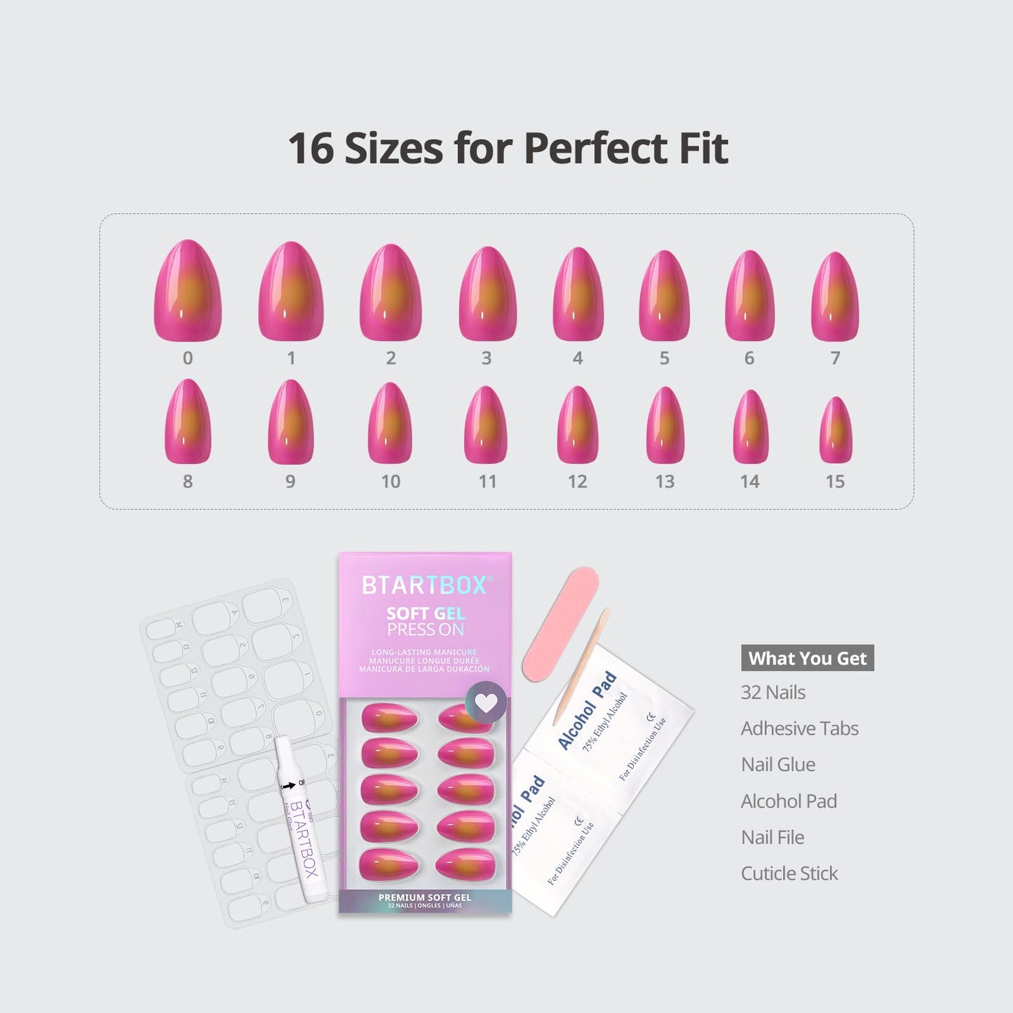 BTArtbox Press On Nails Short - Sunset Pop, Easy-to-Apply Hot Pink and Yellow Almond Press On Nails with Glue and Adhesive Tabs in 16 Sizes - 32 Nails All-in-One Kit