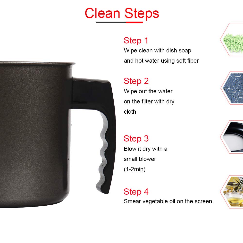 Cambom Bacon Grease Container with Fine Mesh Strainer, 1.6L almost 7 Full Cups Iron Cooking Oil Can with Removable a Coaster Tray for Kitchen Fat Storage Black