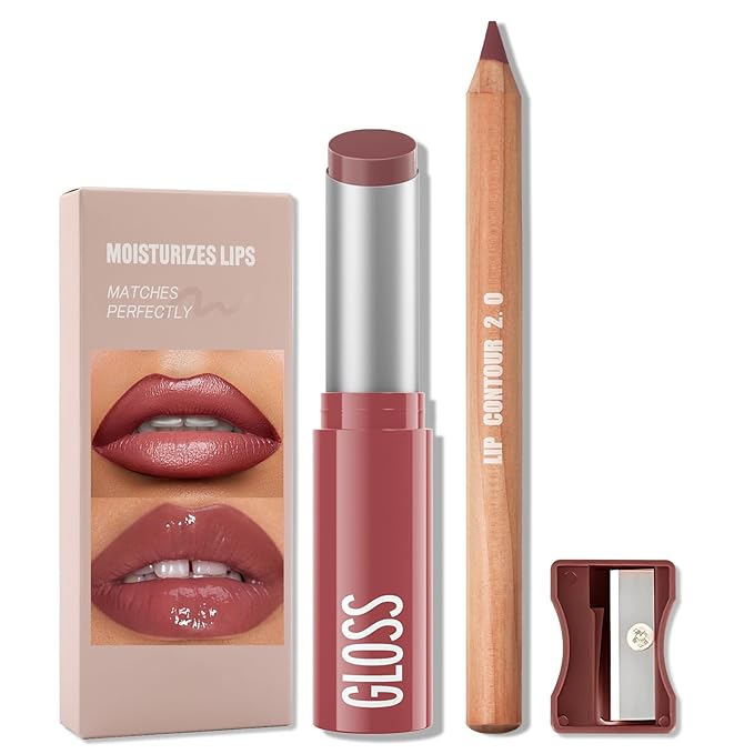 Erinde 2pcs Lip Liner and Lipstick Combo Set, Matte Lipliner Pencil & Hydrating Lip Gloss Makeup Kits for Women, Waterproof, Long Lasting, Highly Pigmented, Nude Brown Natural Lipstick, 01