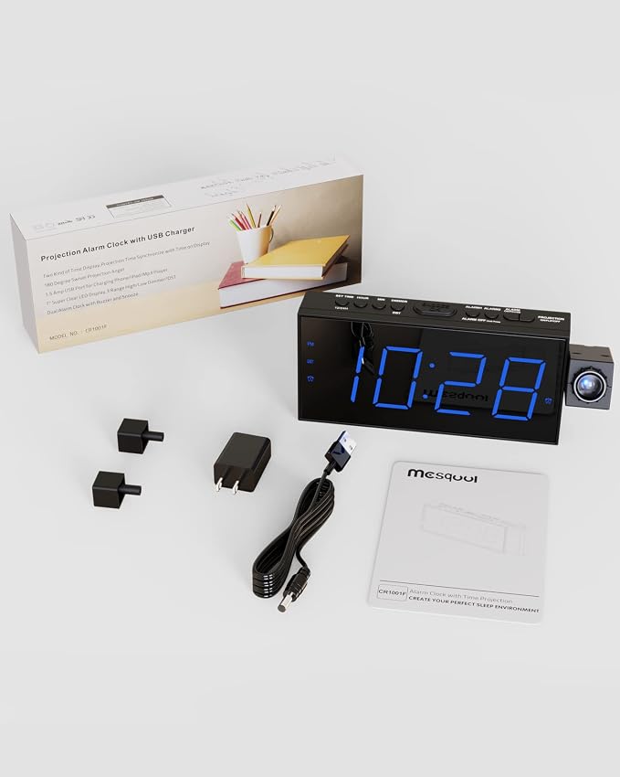 Mesqool Digital Projection Alarm Clock with Dual Alarms, 5 Levels Dimmer | 180° Rotatable Projector,12/24H & DST, Large LED, Snooze, with Battery Backup, Loud Alarm Perfect for Heavy Sleepers