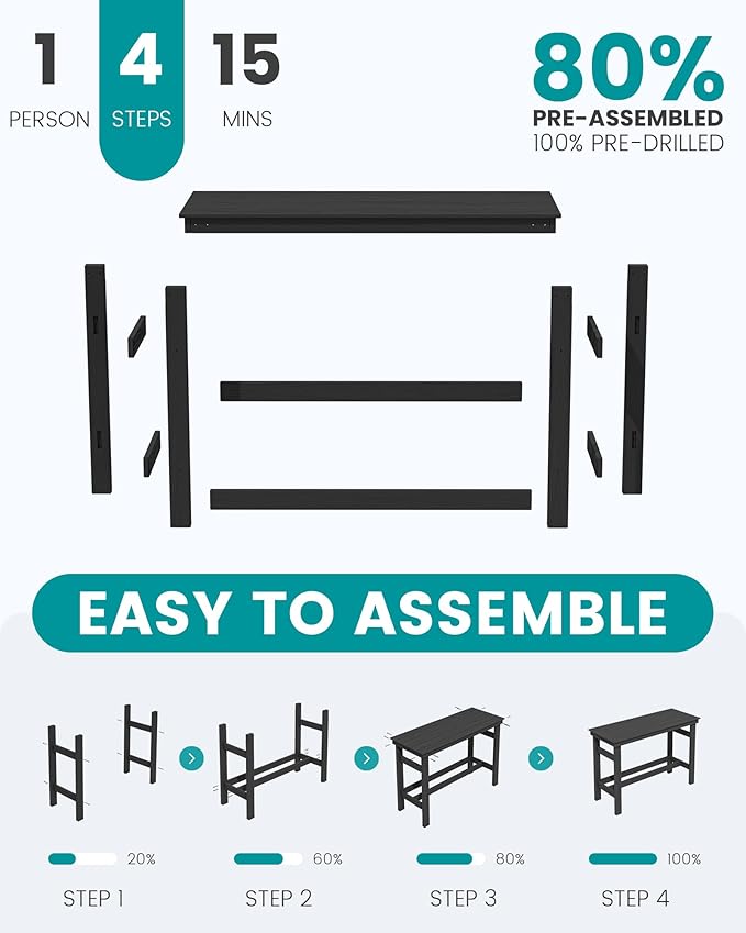 SERWALL Outdoor Bar Set - 4 Adirondack Bar Chairs & Bar Height Table with 1.6" Umbrella Hole, All-Weather HDPE Patio Furniture for Poolside, Backyard, Garden - Black