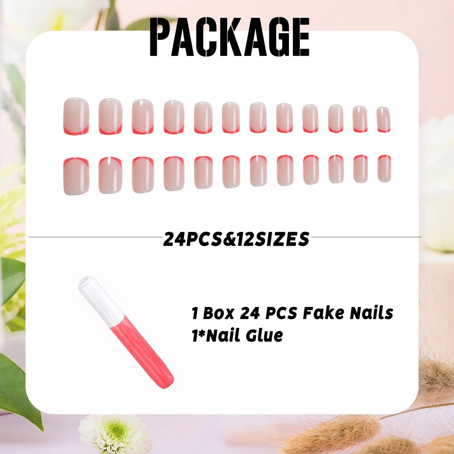 IMSOHOT Press on Nails Short Square Fake Nails Coral Pink French Tips False Nails Squoval Glossy Acrylic Full Cover Nude Artificial Stick on Nails for Women Girls 24Pcs