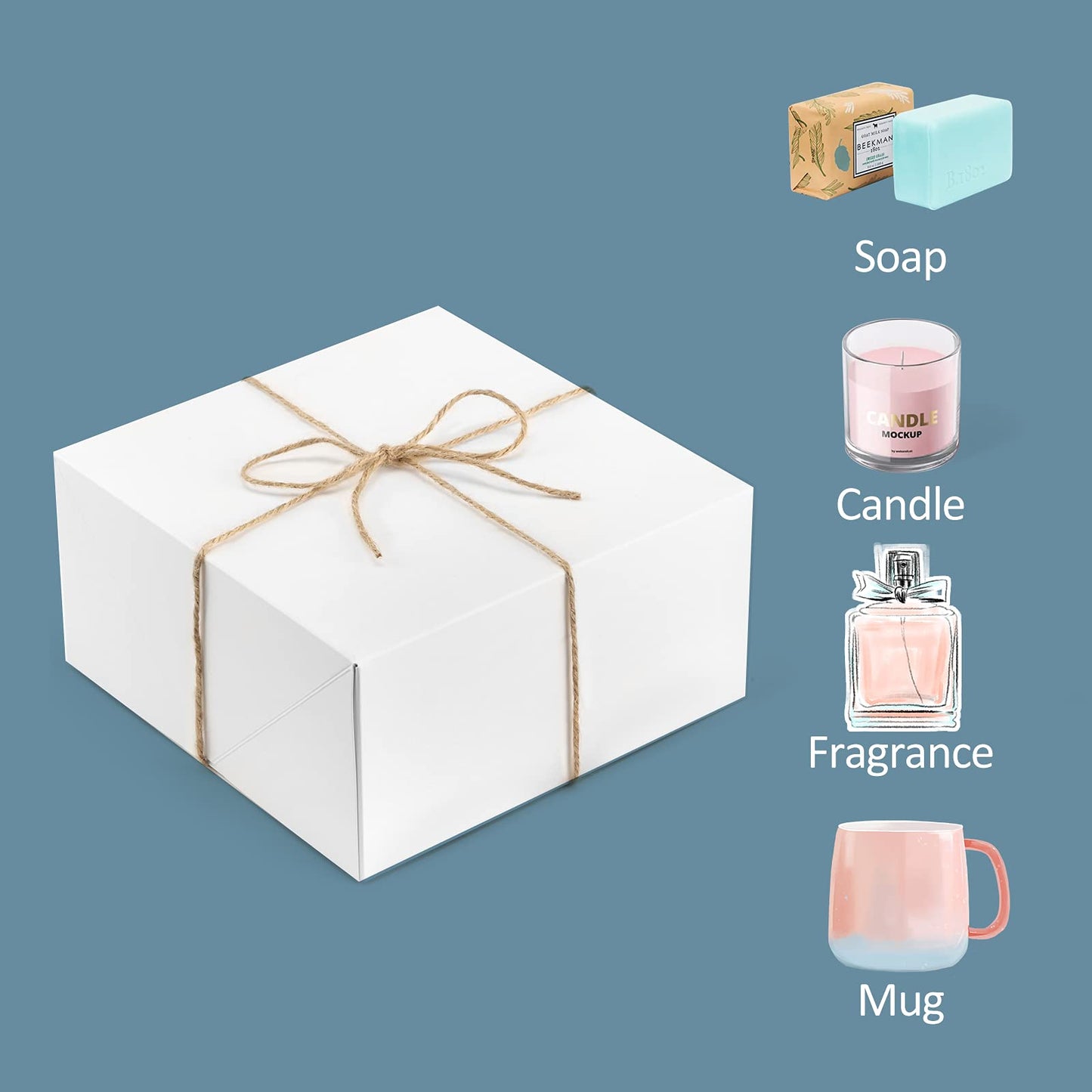 ValBox Premium Gift Boxes 10 Pack 8 x 8 x 4 White Paper Gift Boxes with 20 Meters Hemp Rope for Christmas, Thanksgiving, Wedding, Baby Shower Gifts