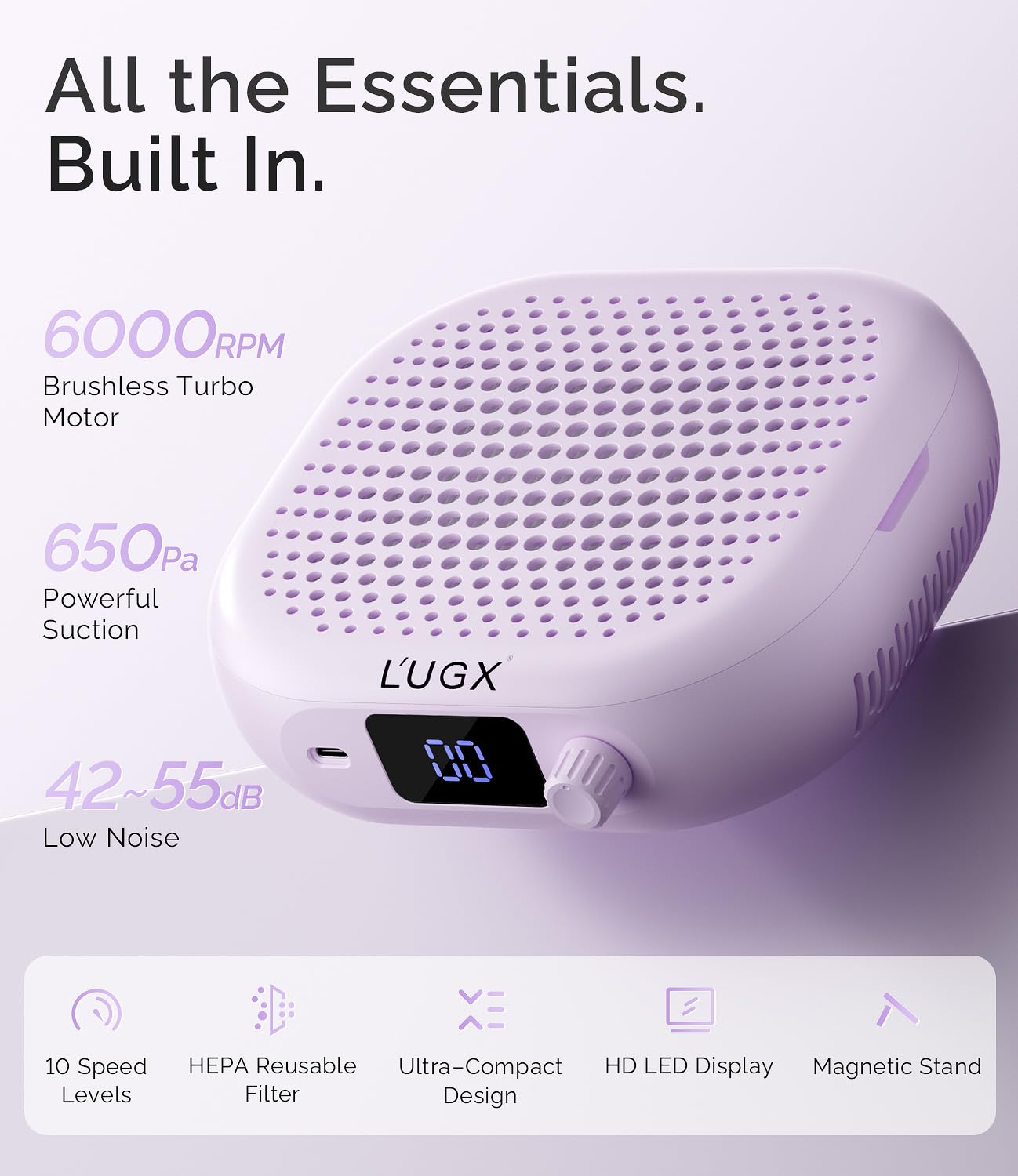 L'UGX Dust Collector Nail Tech – Compact Nail Dust Collector Profesional with Strong Suction, 10-Speed Turbo Fan, LED Display & Low Noise Nail Dust Cleaner for Home & Salon Use-Lilac Dream
