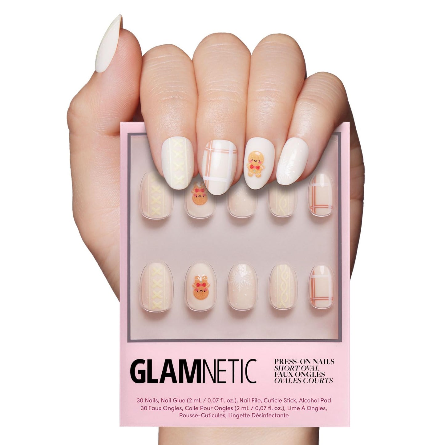 Glamnetic Press On Nails – Gingerbread Knit | Short Oval Fake Nails with 3D Gingerbread Sweater Design, Glossy & Matte Finish, Salon Quality Holiday Nails | 15 Sizes, 30 Nail Kit
