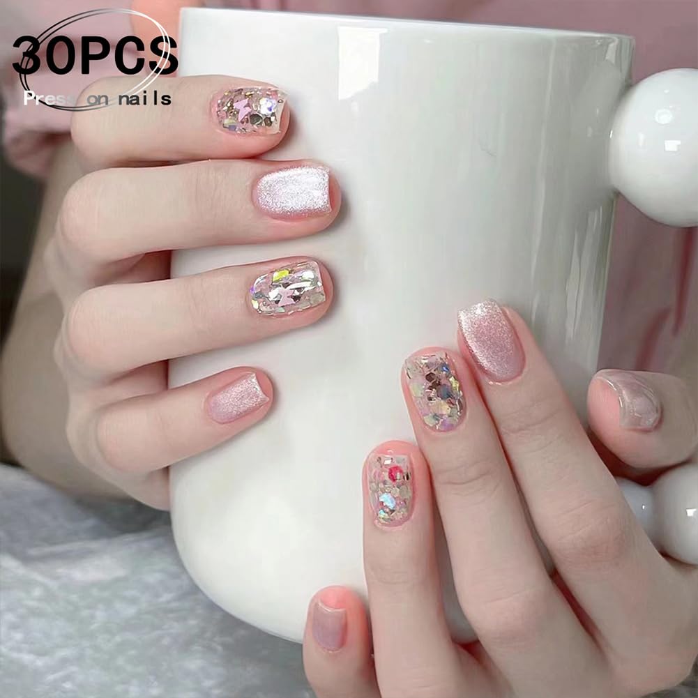 WAFOLOZE Press On Nails Short Square Fake Nails With Glue, Ice Crystal Stone Cat's Eye Nail Press Ons With Exploding Sparkles Design, Artificial False Nails Stick On Nails for Women-30Pcs