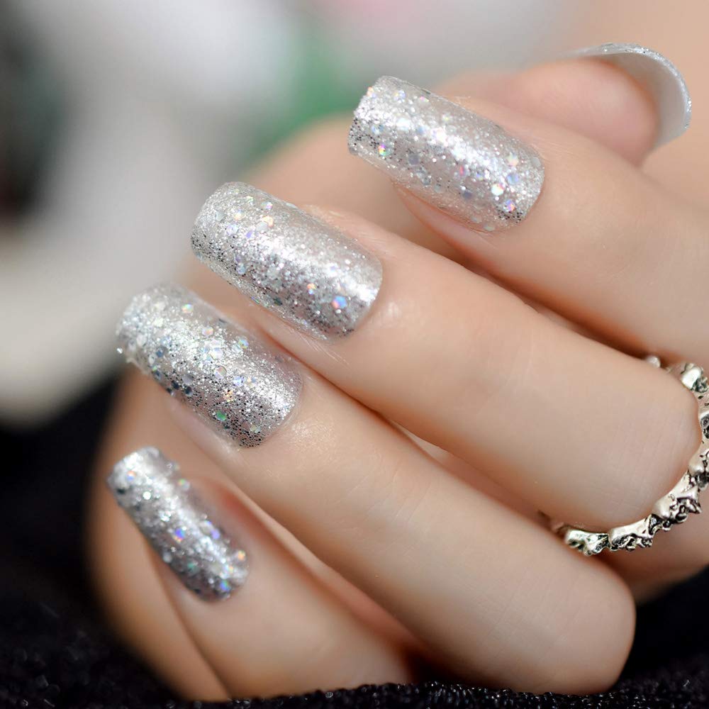 IKISKT Press On Nails - Shiny Glitter Tips | Bright Sliver White Gel Tip l UV Medium Square False Fake Nails, Reusable Glue | 10 Sizes - 24 Nail Kit