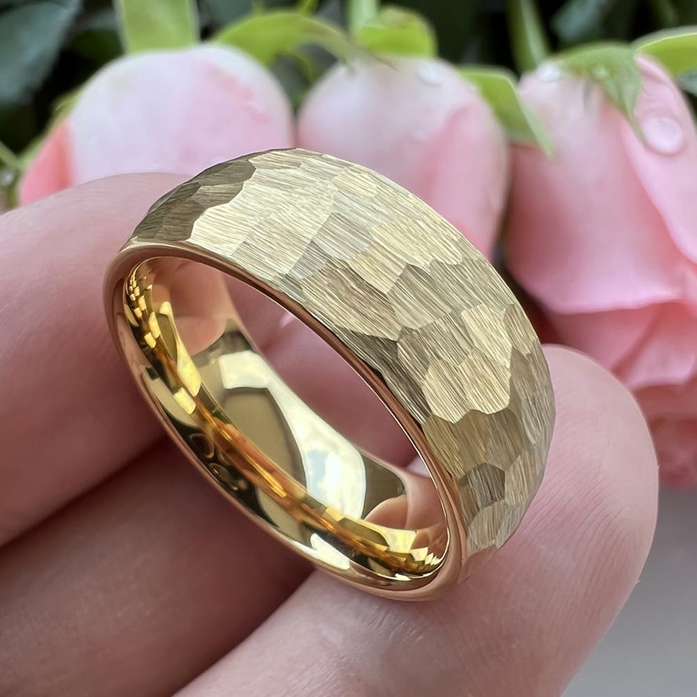 TUTISS 8mm Gold Hammered Tungsten Rings for Men Women Engagement Wedding Bands Domed Matte Finish Comfort Fit Size 10
