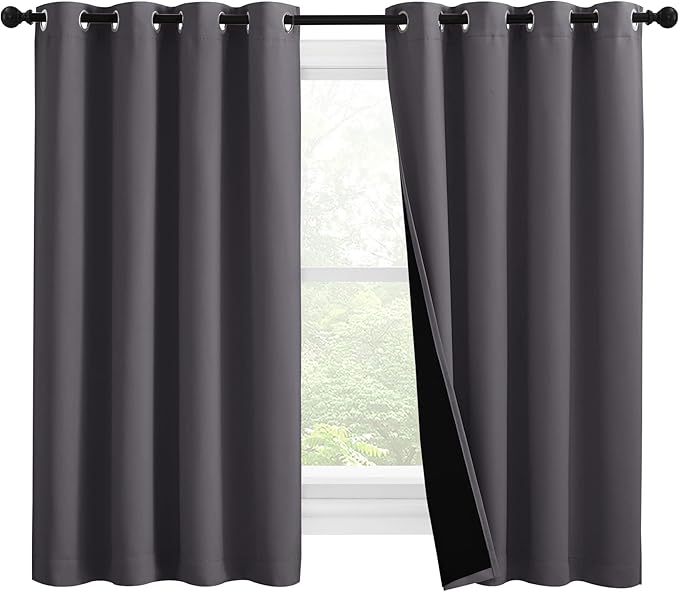 NICETOWN 100% Blackout Curtains with Black Liners, Thermal Insulated Full Blackout 2-Layer Lined Drapes, Noise Cancellation Window Draperies for Dining Room (Grey, 2 Panels, 55-inch W by 57-inch L)