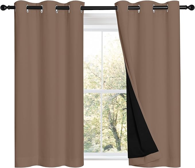 NICETOWN Cappuccino Bedroom Full Blackout Cold Blocking Short Curtain Panels, Super Thick Insulated Window Covers, 100% Blackout Blinds with Black Liner for Small Window(Set of 2, 42 by 45-inch)