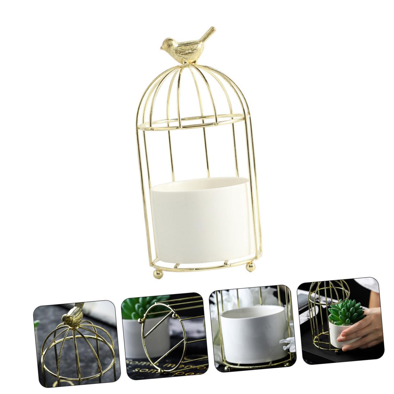 CAXUSD Decorative Iron Rack Flowerpot with Ceramic Planter Gold Plated Birdcage Style Stand Indoor Outdoor Gardening Container for Balcony and Home Plant Display