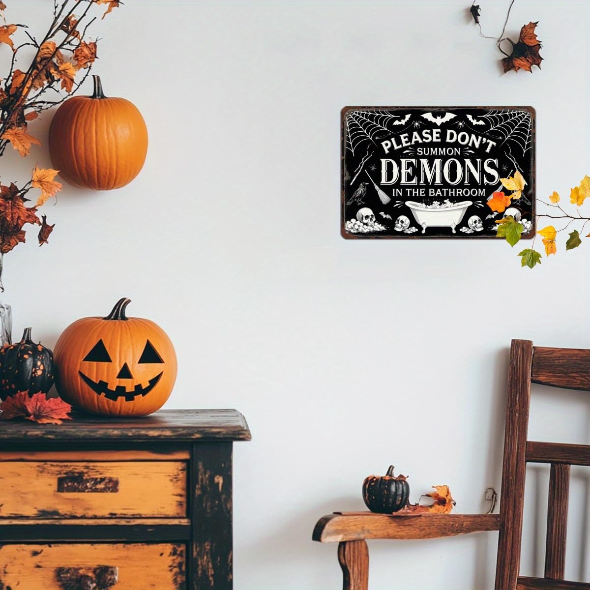 Please Don't Summon Demons in the Bathroom Halloween Retro Metal Tin Sign Wall Art Decor for Bathroom Home Halloween Party Indoor Wall Decor 8x12 Inch