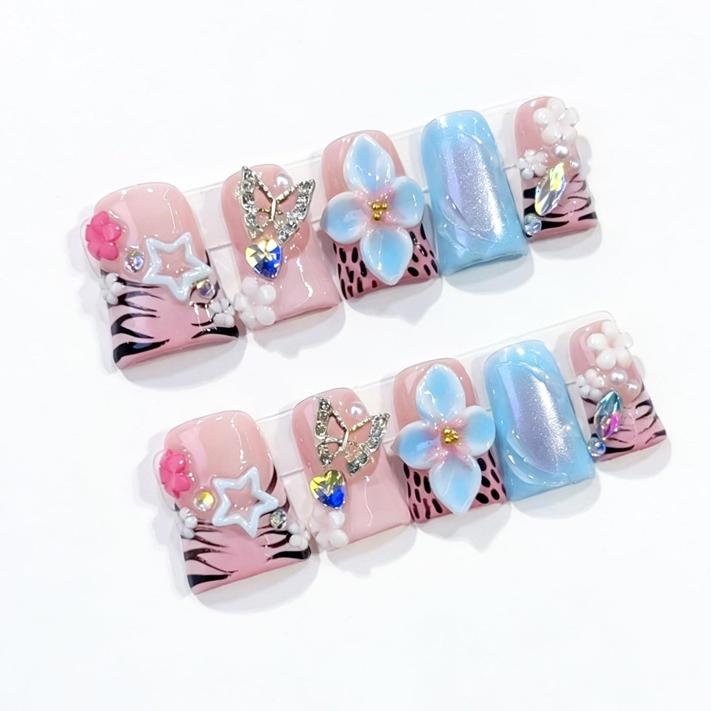 Medium Duck Press on Nails Handmade Nails Nude Pink False Nails with Luxury Rhinestone 5D Flower Art Design Thick False Nails Muti-Layer Gel Handmade Nail for Women (Size S)
