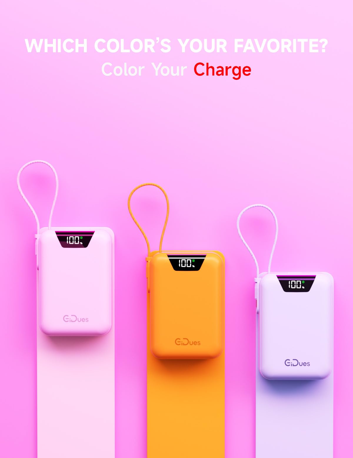 Gidues M2 Portable Charger, 20000mAh Power Bank, PD 35W Ultra Fast USB-C Built-in Cable, Compact Cute Mini External Battery Pack for iPhone, Samsung, Android iPad (Pink)