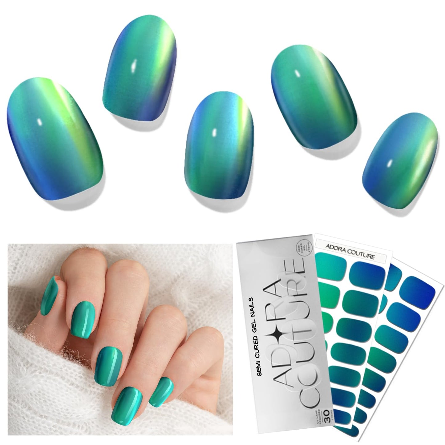 Adora Couture Semi-Cured Gel Nail Strips - 30 Salon-Quality Stickers with UV Light Required, Long Lasting, Easy Application & Removal, Includes Prep Pads, Nail File, Wooden Stick (Green Pine)