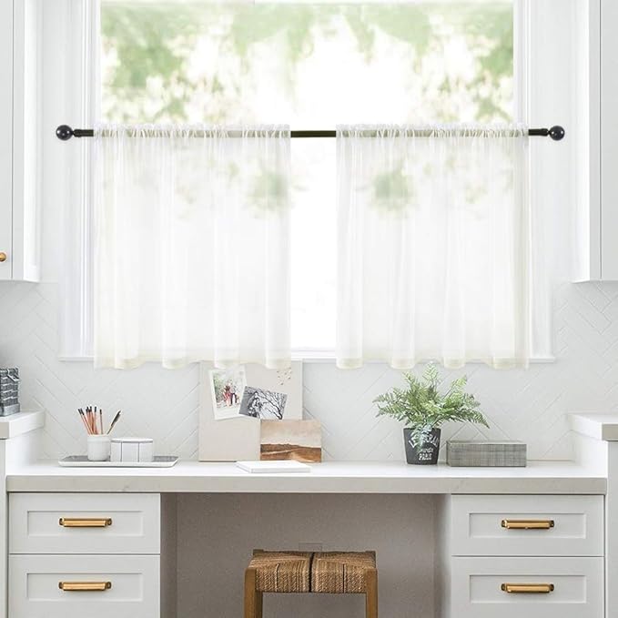 MIULEE 2 Panels Kitchen Tiers Half Window Sheer Curtains Rod Pocket Voile Drapes for Kitchen Bathroom Small Windows 29 by 36 Inch Ivory