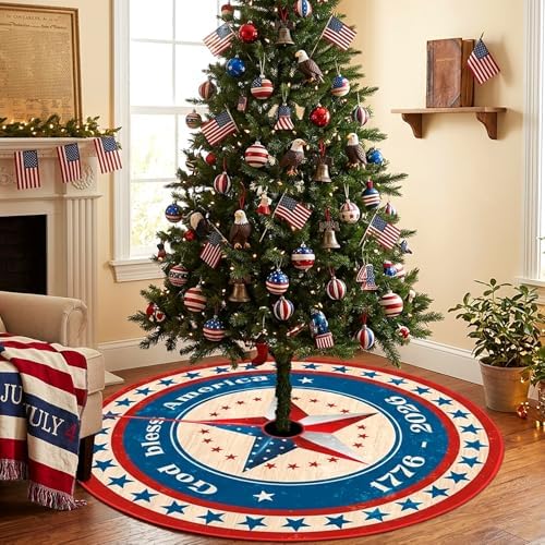 M YESCUSTOM USA 250th Anniversary Patriotic Tree Skirt 48 Inch 4th of July Stars and Stripes Christmas Tree Skirt Ornaments Memorial Day Beach Party Decoration