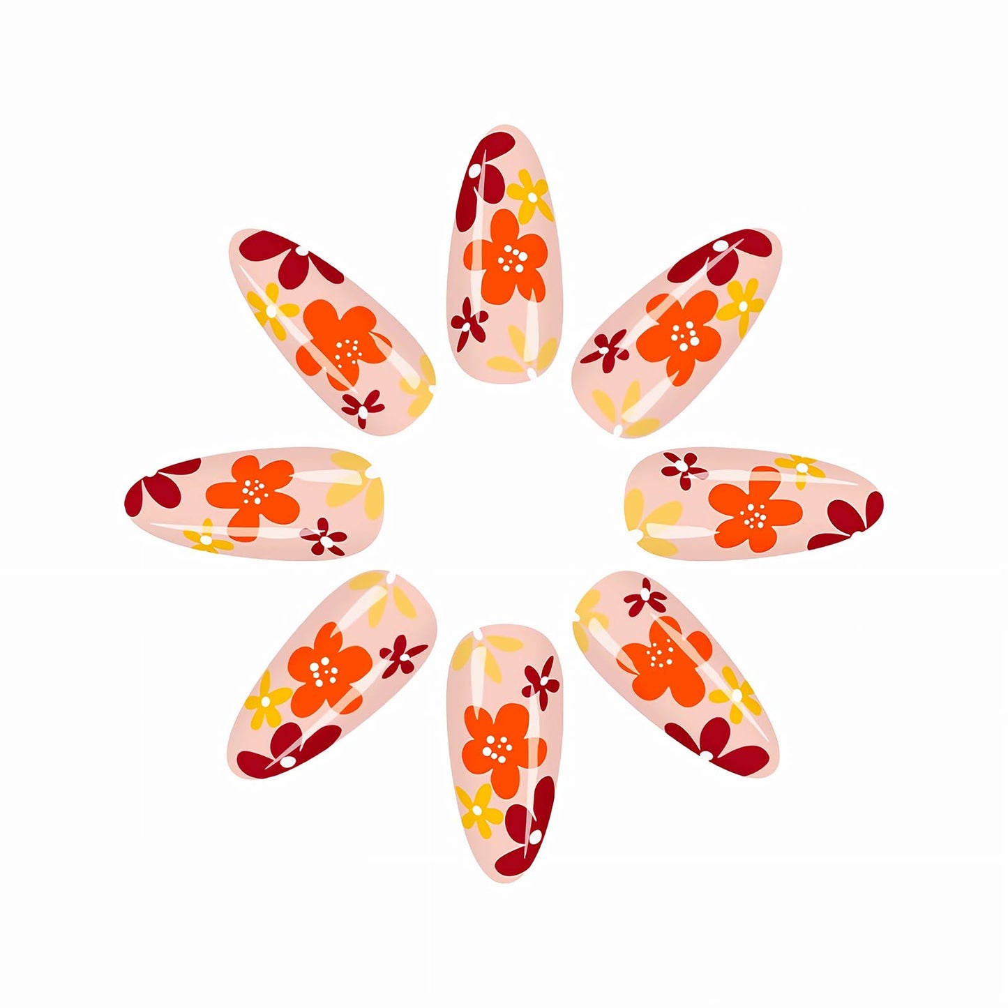 MISUD Press on Nails - Medium Almond Glue on Nails with Fall Brown, Acrylic Autumn Flower Design 24 pcs