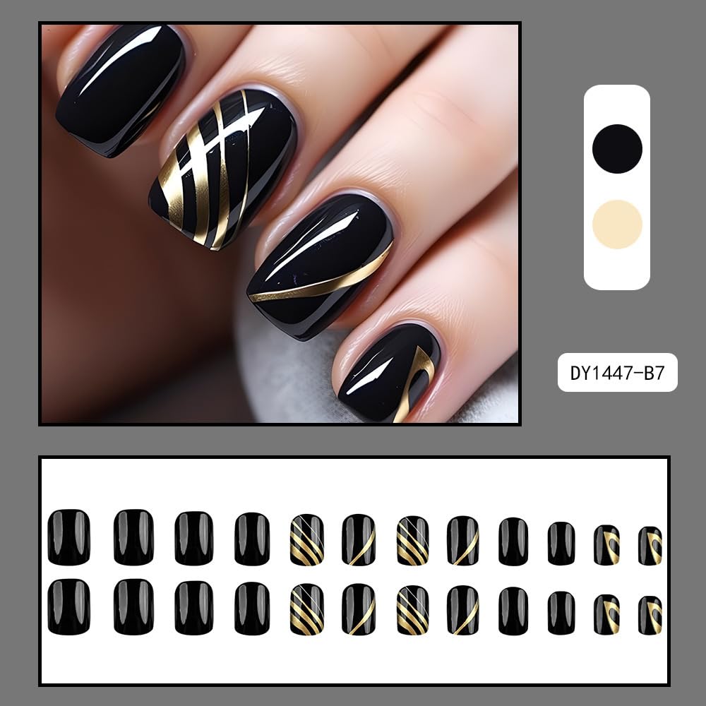 Press On Nails: Medium Square Dark Black False Nails with Gold Line Design, Glossy Full Cover Stick On Acrylic Artificial Nails for Women's Manicure, 24Pcs