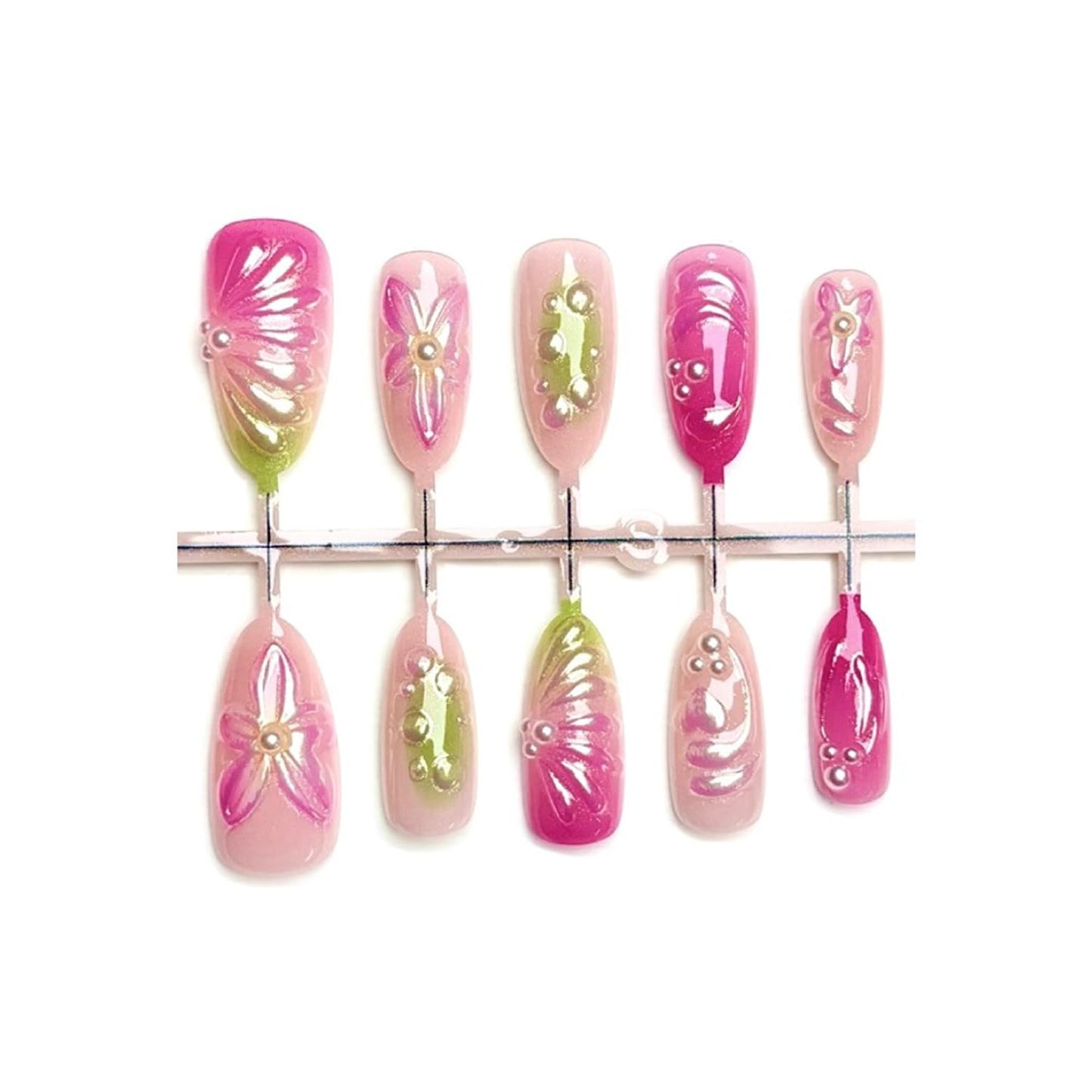 30pcs Pink Gradual Press on Nails Medium Almond Fake Nails Manicure Pressed on Designer's Handmade 3D Colorful Summer Flower Relief Design Pearl False Nail Glitter Stick on Nails for Women