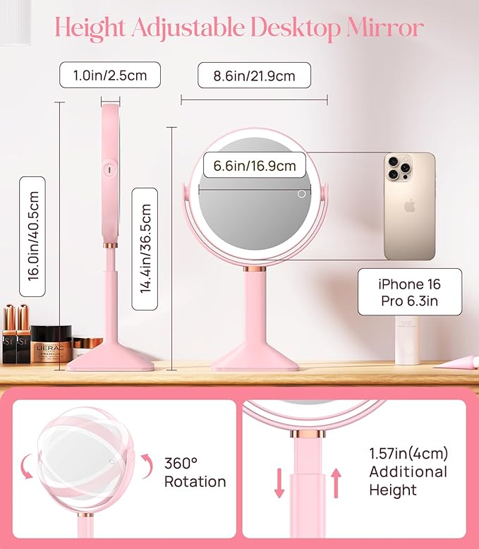 Gospire 20X Magnifying Vanity Mirror with Lights - Height Adjustable Lighted Makeup Mirror with Magnification, 4000mAh Rechargeable Battery, 3 Colored Dimmable Light for Desk Home Travel, Pink