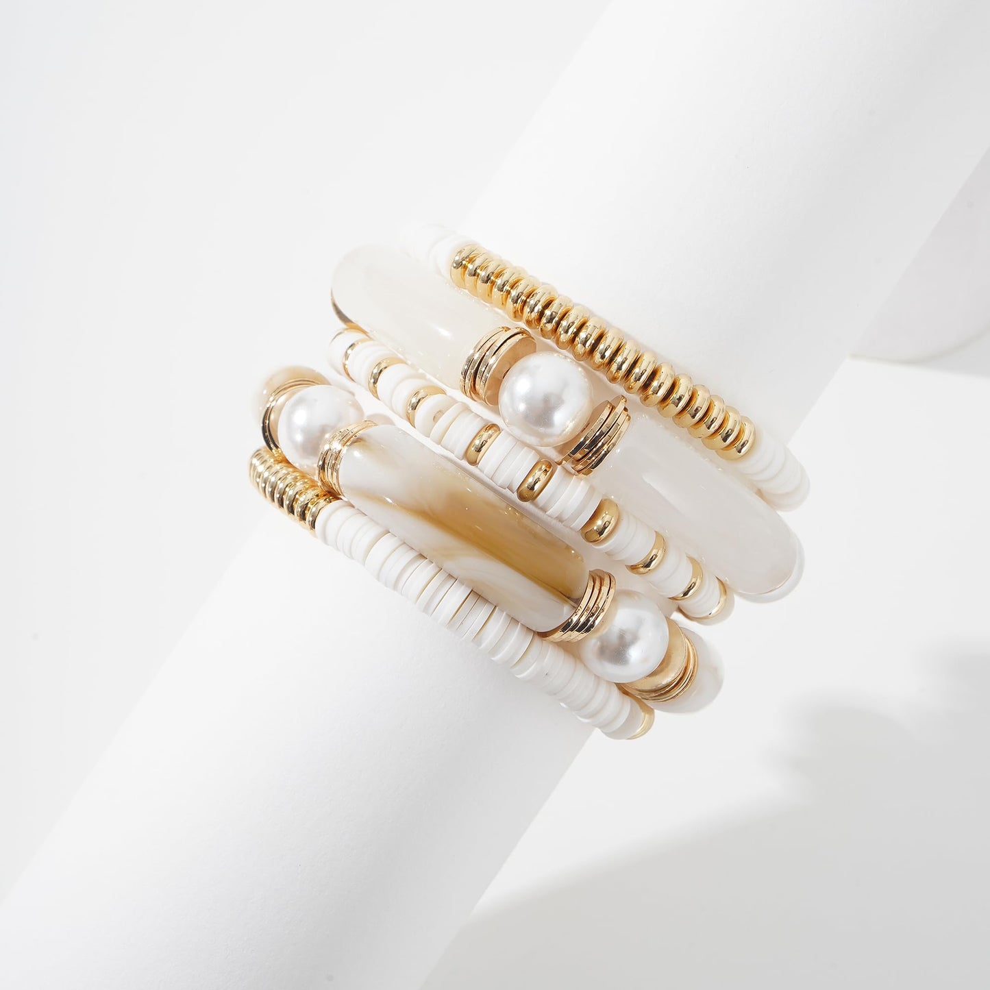 GOOJIDS Chunky Simple Beaded Gold Plated Bangles Bracelet Bamboo Tube Curved Stacking White Acrylic Colorful Beads Stretchable Gold Plated Bracelets Set For Women