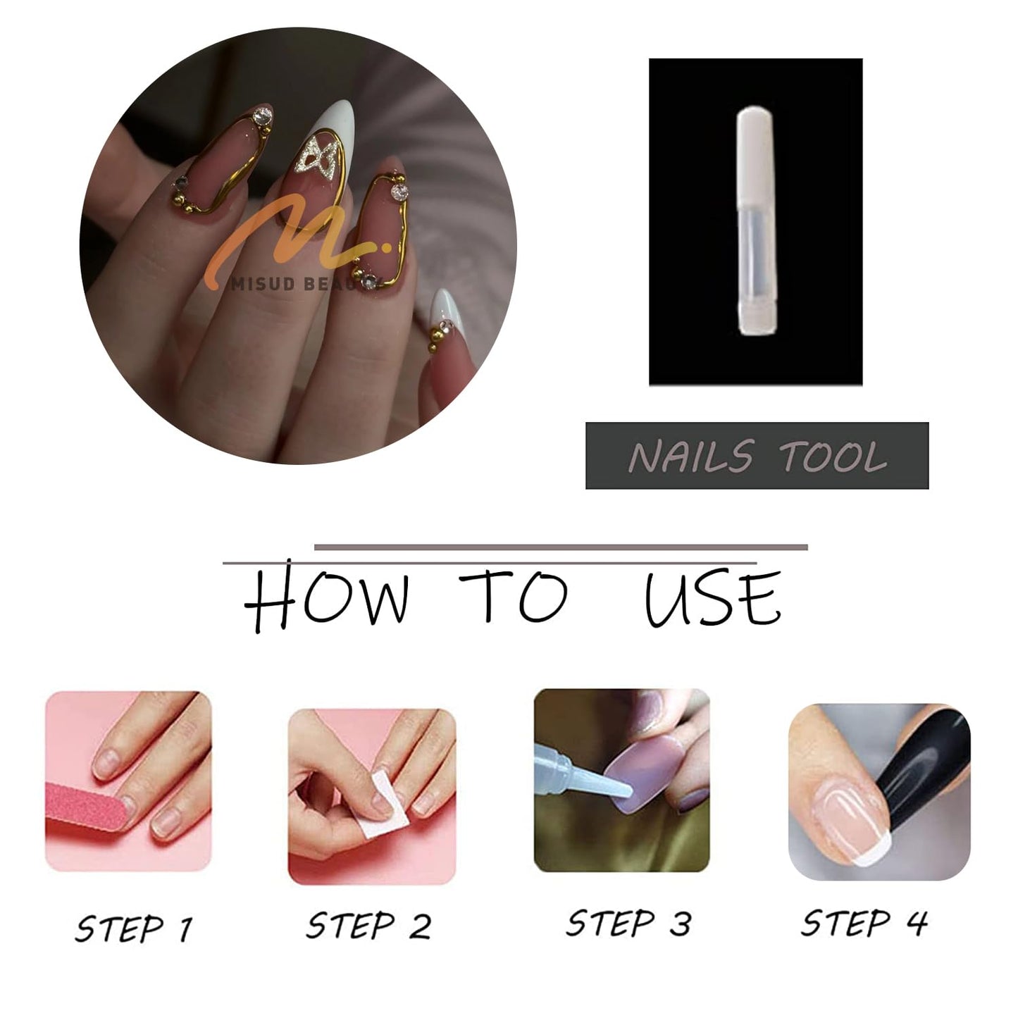 MISUD Press on Nails - Medium Almond Glue on Nails with White French Tip, Acrylic Gold Chrome Design 24 pcs