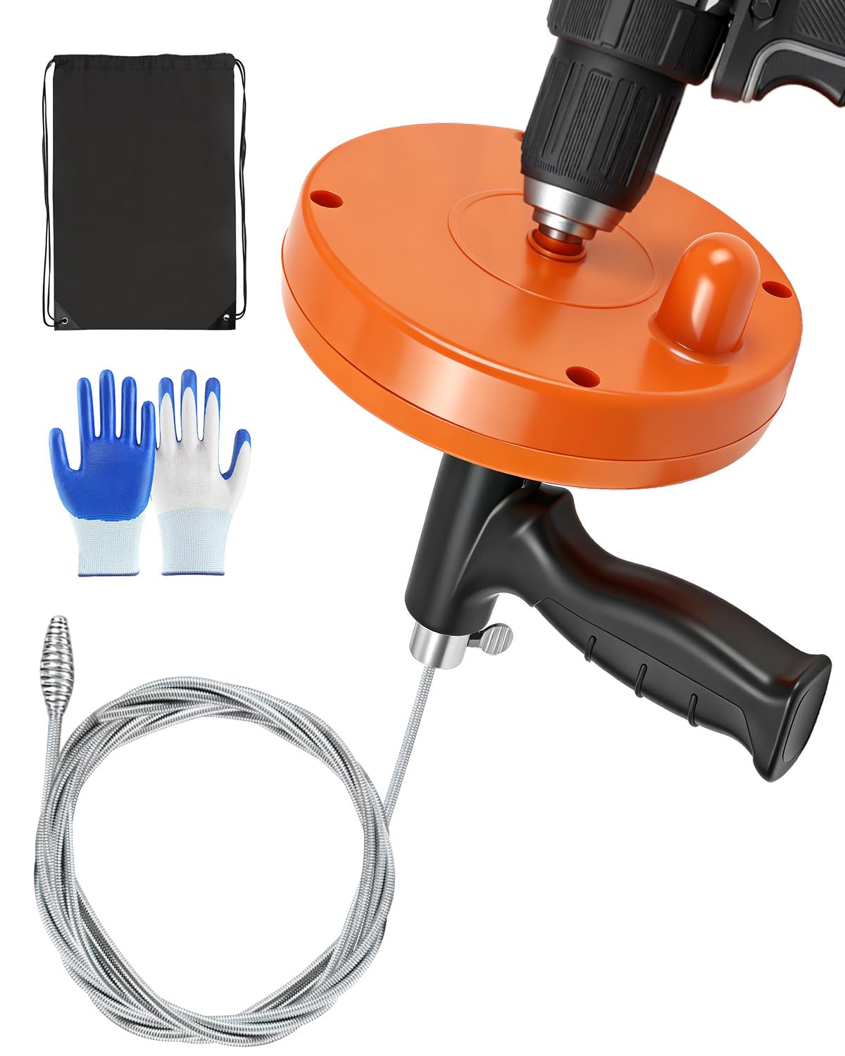 Maraiss Drain Auger, 25FT Drain Snake with Drill Adapter, Flexible Plumbing Snake Clog Removal Tool with Gloves & Cloth Bag, Use Manually or Powered for Kitchen Bathroom Shower Sink