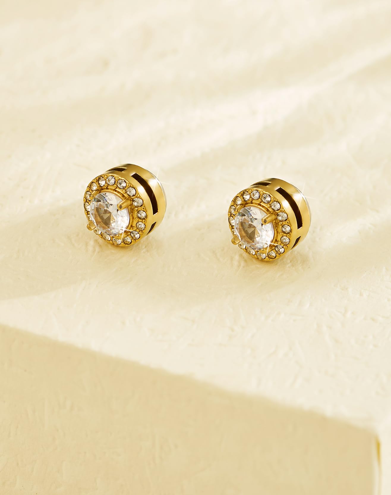 SIISPRI Magnetic Stud Earrings for Women Men, Non-piercing CZ Halo Studs, Hypoallergenic 18K Gold Plated Surgical Steel Clip on Stud Earrings Set for Sensitive Ears (Gold Tone-Set)