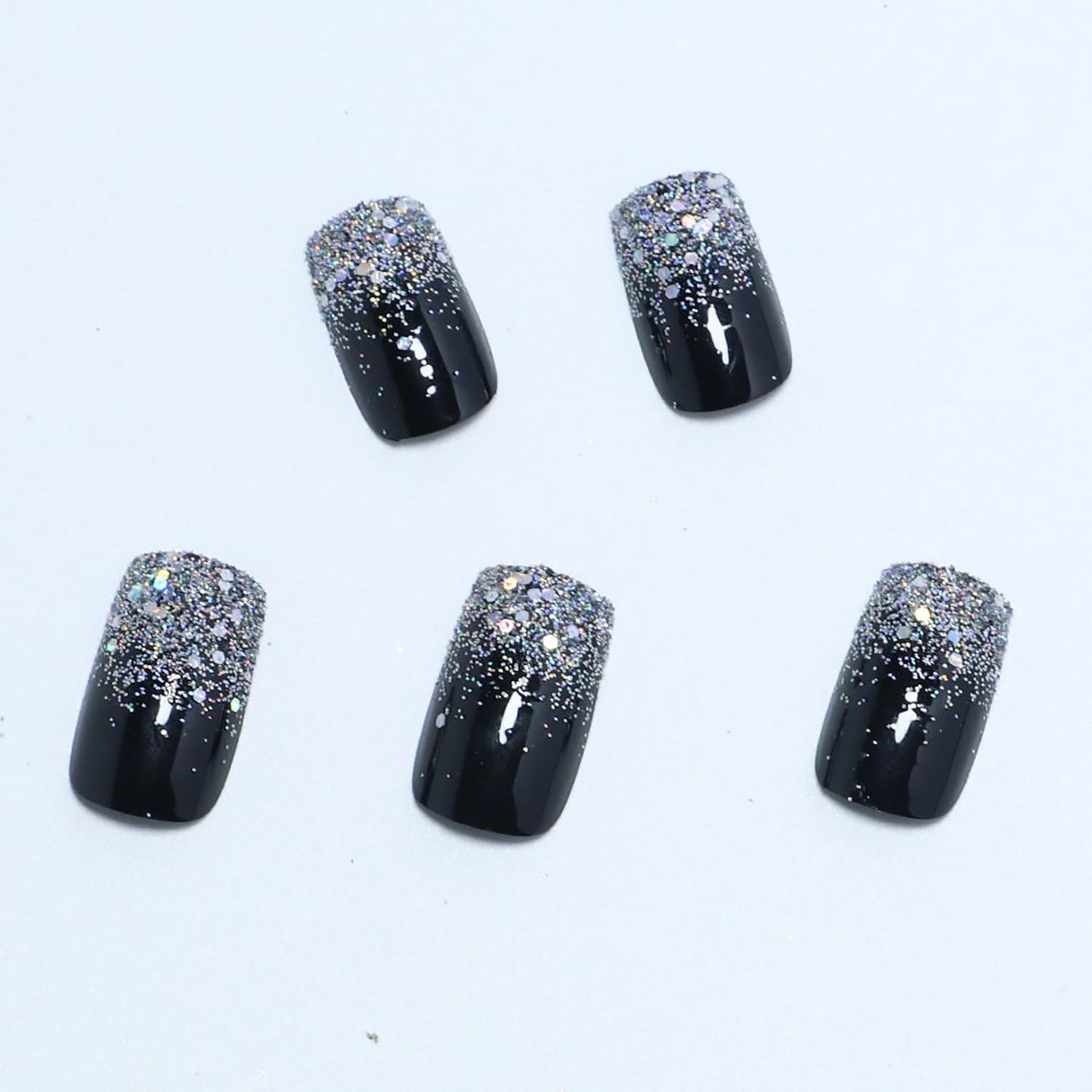 Press on Nails Medium Square Shapes 24Pcs Glossy Full Cover Artificial Black Fake Nails with Silver Glitter Designs Reusable Coffin Acrylic False Nails Glue on Fingernails with Charm for Women