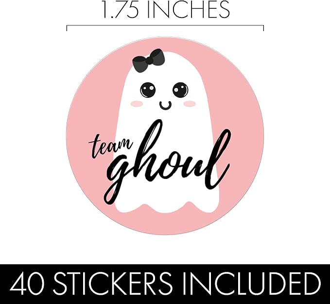 Halloween Gender Reveal Party Stickers 40ct – Team Boo-y or Team Ghoul Little Ghost Design in Orange & Pink