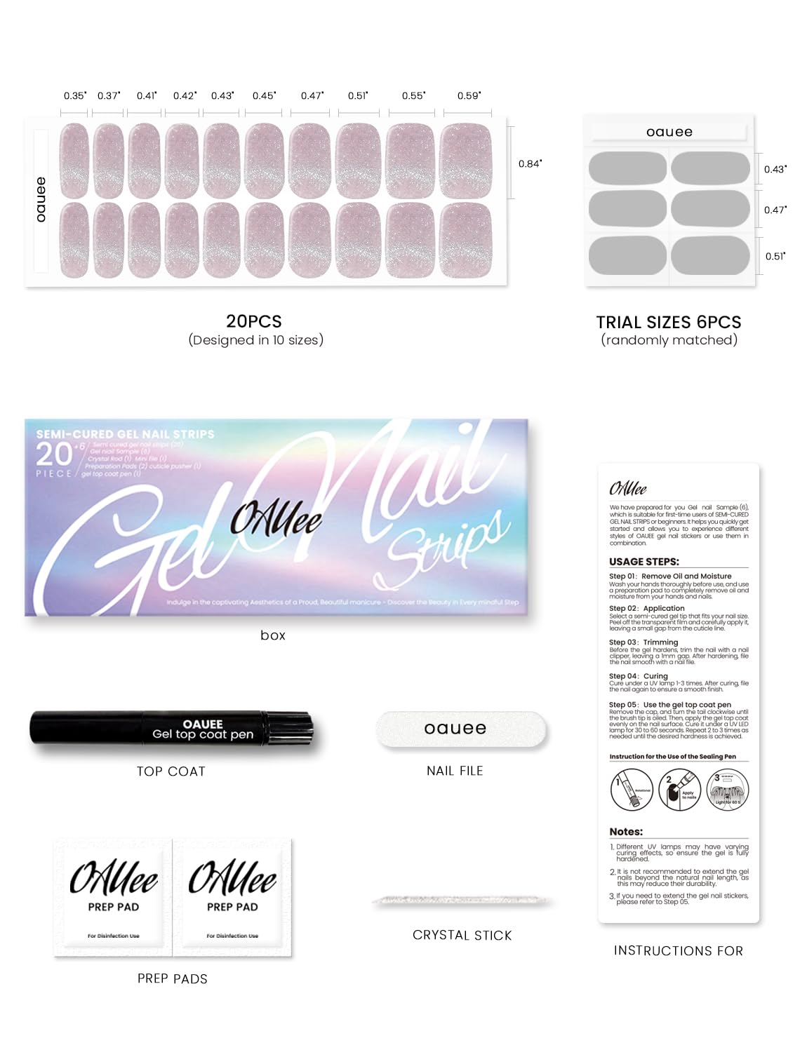 Oauee Semi Cured Gel Nail Strips | Built-In Gel Top Coat | UV Light Required | Salon Quality, Easy Application And Removal (Frost Pink Elegance）