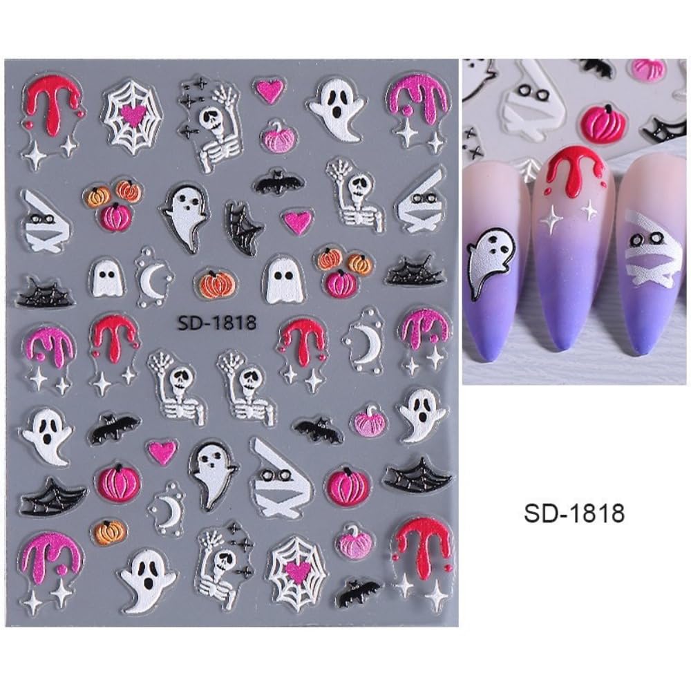 Halloween Nail Stickers Cute Ghost Nail Designs 3D Self-Adhesive Coffin Spider Web Pumpkin Nail Decals 5D Embossed Star Moon Bat Nails Supplies for Women Holiday DIY Manicure 5 Sheets