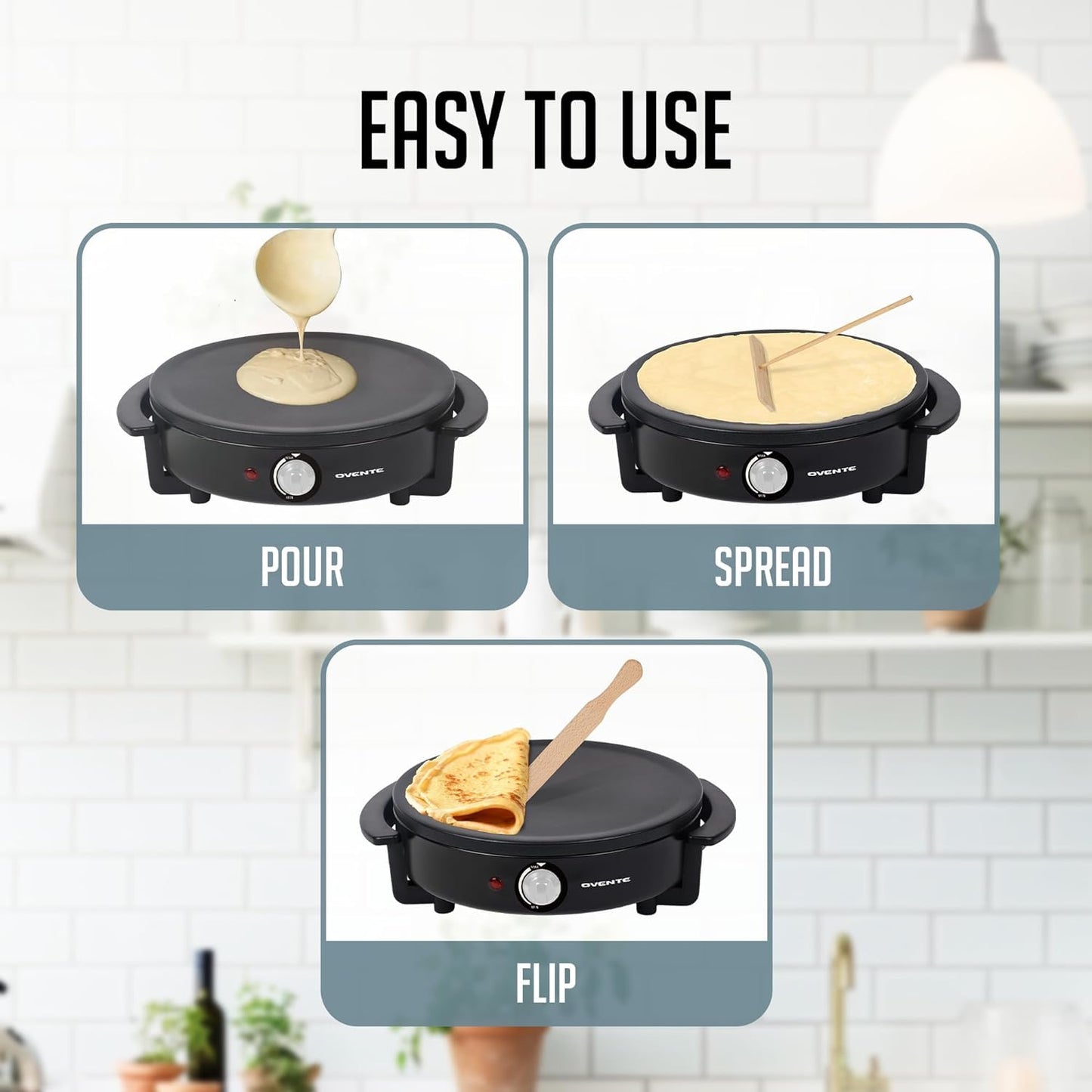 OVENTE 12-Inch Electric Crepe Maker & Griddle – Nonstick Hot Plate with Adjustable Temperature, LED Indicator, Batter Spreader & Spatula, Black CRM1122B