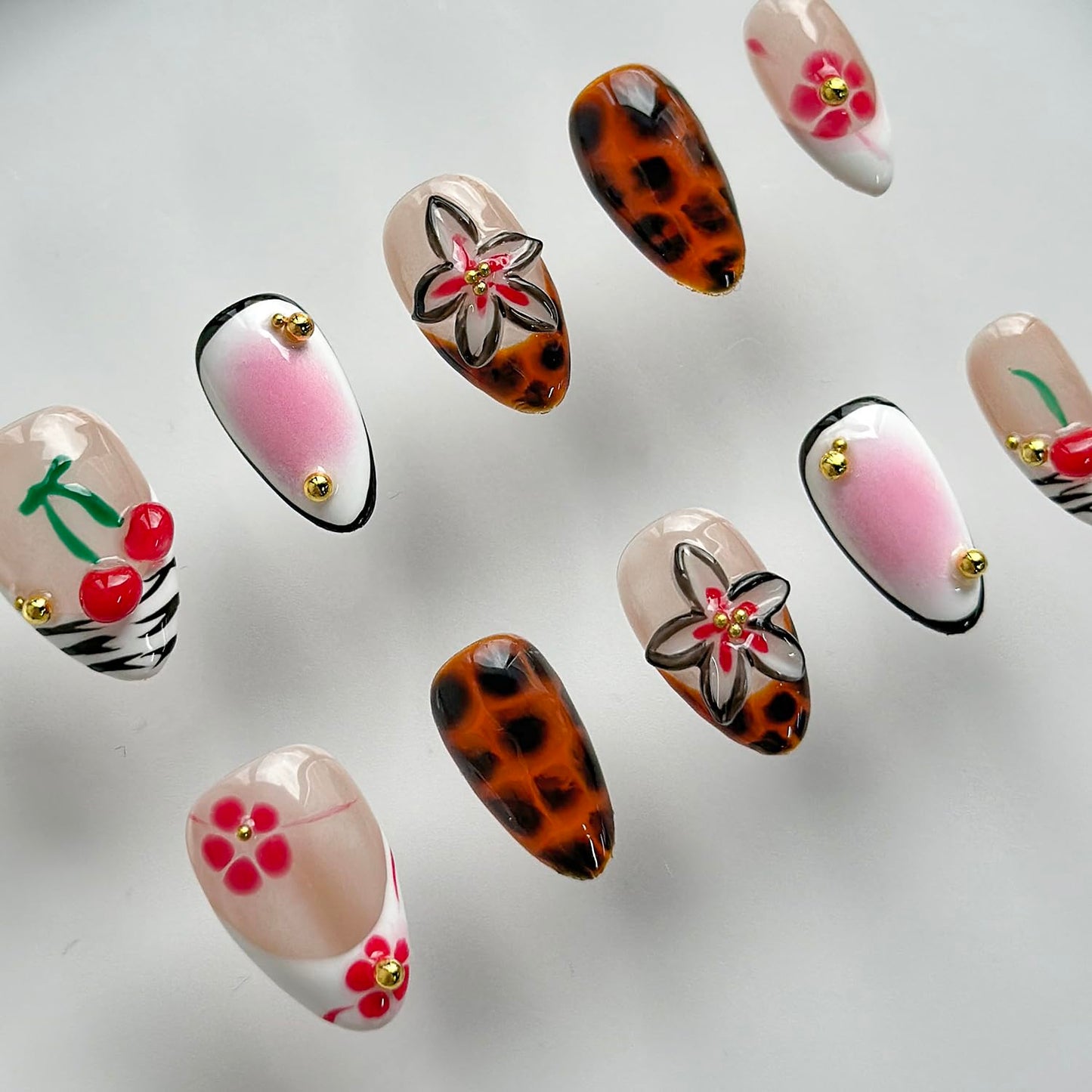 Luxury Press on Nails Short Almond Handmade 3D Unique Reusable ABS Material Fake Nails French Tip False Nails with Designs Flower Leopard Print Fall Glossy Glue on Nail Thick Acrylic Nail(M)