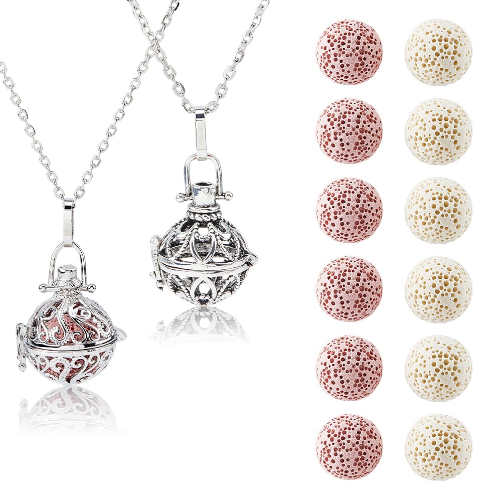 SUPERFINDINGS 2 Styles Aromatherapy Necklace Essential Oils Diffuser Locket Pendant with 12pcs Lava Rock Aromatherapy Pendant Diffuser Necklace Locket Necklaces Essential Oil Jewelry Gift