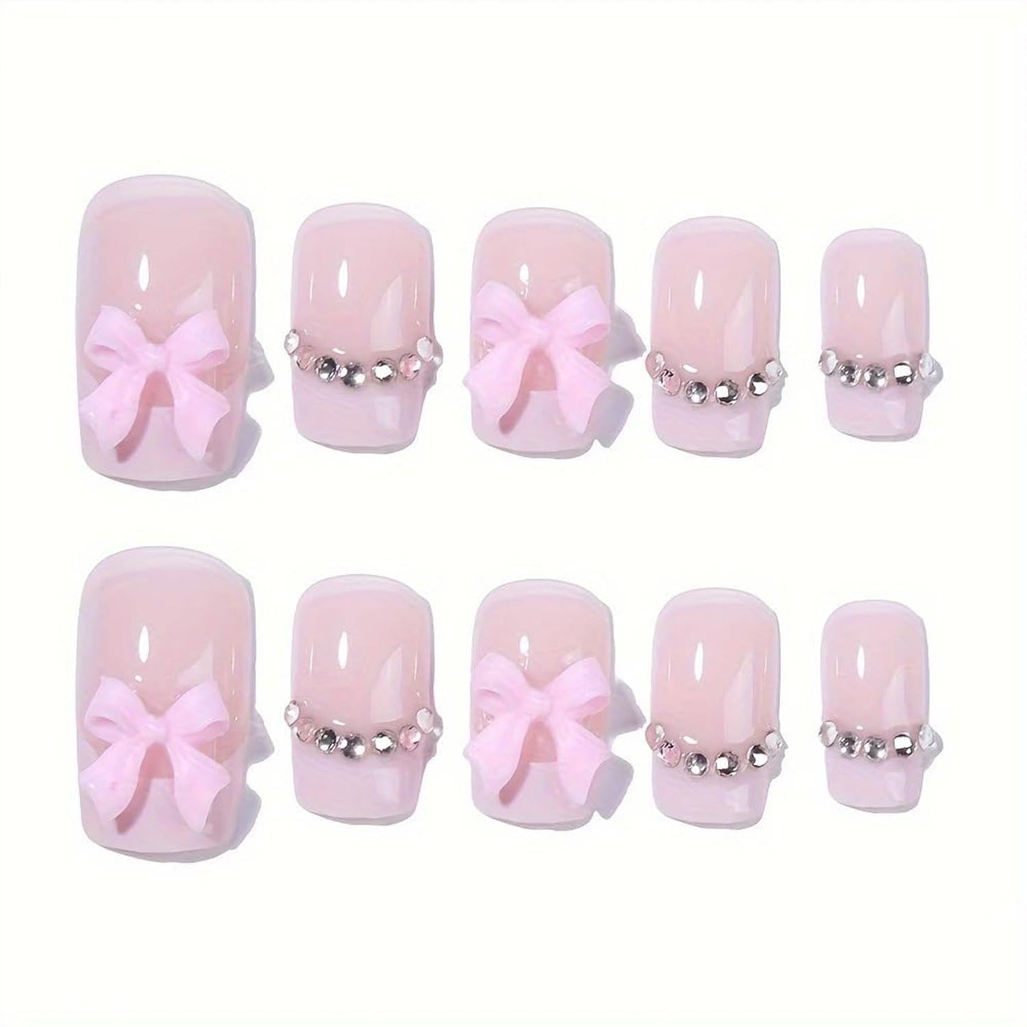 Square Press on Nails Medium Fake Nails with Bow Rhinestone Designs Pink French Tip Nails Press ons Glossy Full Cover Glue on Nails Reusable Artificial Nails for Women Spring Summer Nail Art Decor