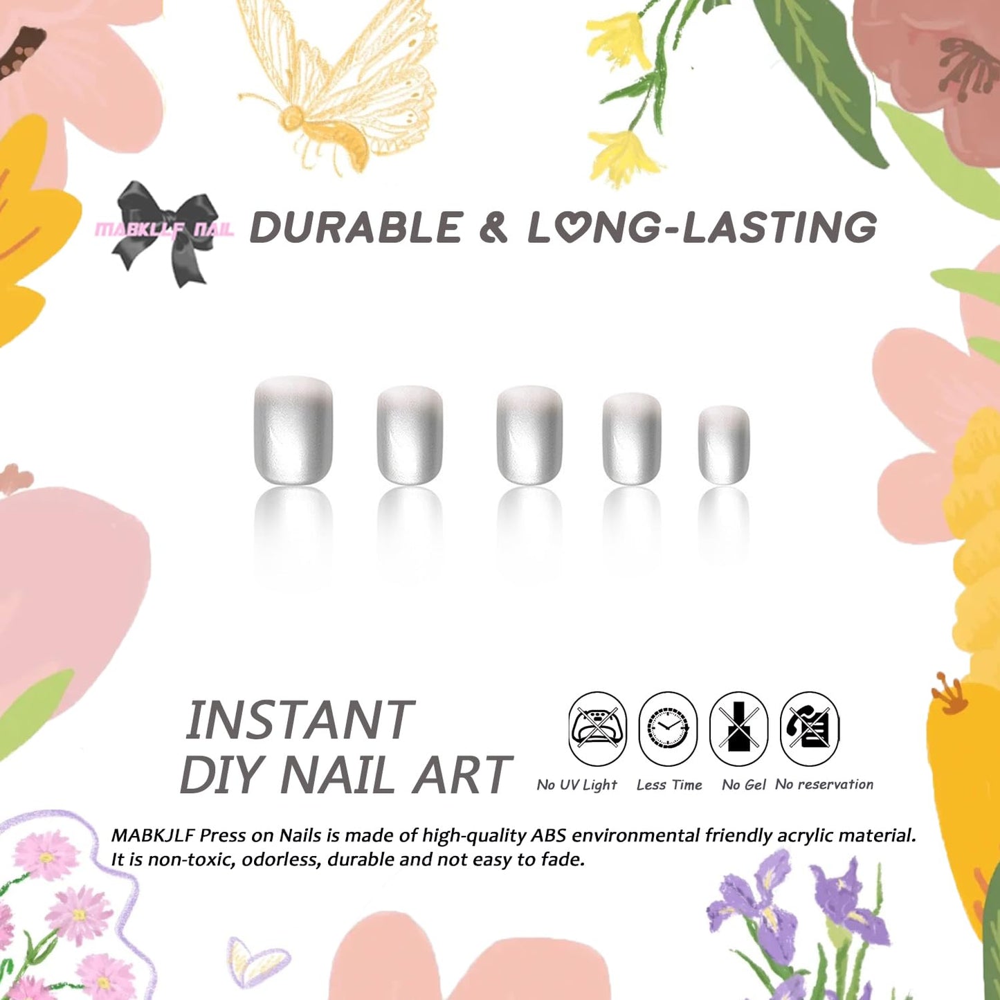 Chrome Press on Nails Short Square MABKJLF Fake Nails White Gradient False Nails with Designs Silver Mirror Full Cover Glossy Glue on Nails Acrylic Nails for Women Girls 24 Pcs